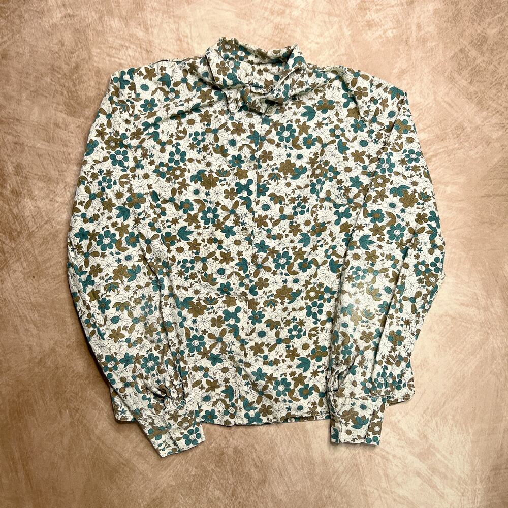 Vintage 70s Floral Print Long Sleeve Button Up Shirt Multicolor Boho Disco Mod